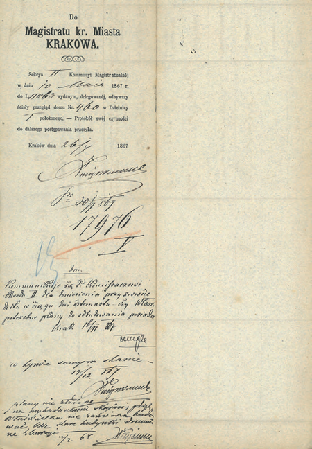 Z magistrackiego zbioru protokołów rewizji domów z 1867 r. korespondencja służbowa w sprawie planów
odbudowy rewidowanego obiektu – z udziałem komisarza obwodowego Hipolita Zajączkowskiego
(Archiwum Narodowe w Krakowie, sygn. Mag II-492, cz. II, nlb)