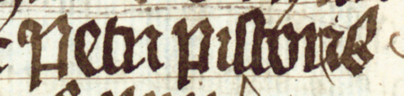Z księgi radzieckiej Kazimierza obejmującej lata 1416–1433: fragment wpisu dokumentującego wybór rajców na rok 1422,
z Piotrem piekarzem w składzie – zbliżenie zapisu imienia (Biblioteka Jagiellońska, sygn. rkps 1045/2, k. 97v)