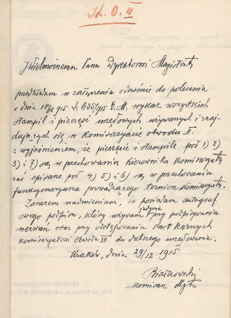 Z akt magistrackich pismo przewodnie do składanych w 1915 r. przez komisarza Mieczysława
Białkowskiego wzorów pieczęci używanych w Miejskim Komisariacie Obwodu II
(Archiwum Narodowe w Krakowie, sygn. IT 1038, nlb)