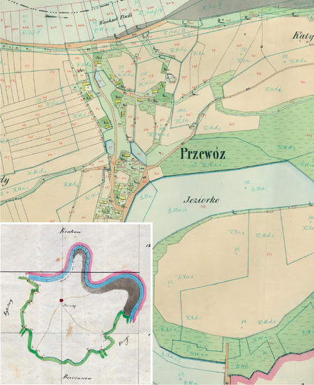 Centrum Przewozu na mapie katastralnej sporządzonej dla gminy katastralnej Przewóz w 1849 roku oraz pochodzący
z 1845 roku plan sytuacyjny z wyrysowanymi granicami gminy Przewóz i lokalizacją gmin sąsiadujących
(Archiwum Narodowe w Krakowie, sygn. K. Krak. 491 IV; sygn. K. Krak. op. 1233, s. 1)
