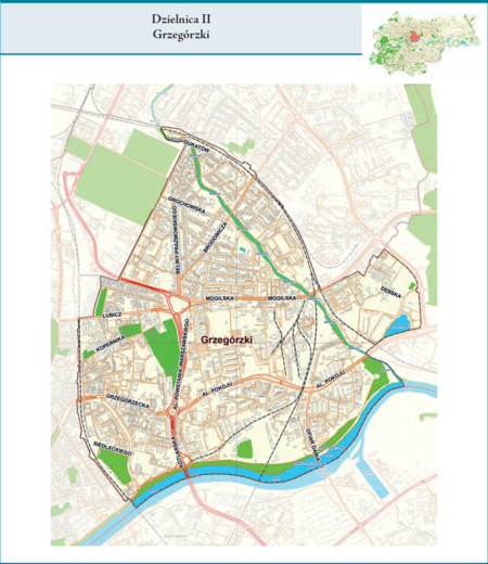 Dzielnica II Grzegórzki według stanu z 2017 r. na przywołanym wcześniej planie miasta z tego samego roku – dzielnica samorządowa
o powierzchni 5,86 km² (udział 1,79% w całej powierzchni miasta), położona na terenach historycznych jednostek katastralnych:
częściach Grzegórzek, Dąbia, Wesołej i Olszy oraz fragmentach Kazimierza i Warszawskiego
(vide plan na s. 239). Opis przebiegu granic tej dzielnicy podano na następnej stronie.