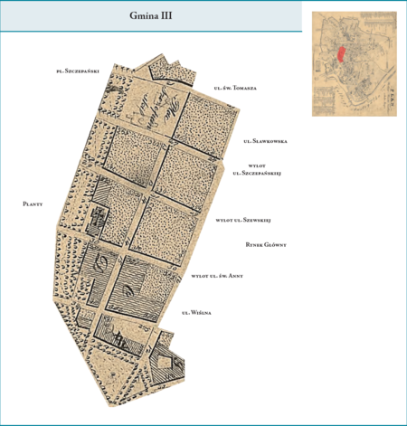 Gmina III według stanu z roku 1816 na przywołanym wcześniej planie miasta z 1831 r. – na jej powierzchnię składały
się dzisiejsze: zachodnia pierzeja Rynku Głównego, w części ul. Wiślnej jej zachodnia pierzeja, a w części obie jej strony,
fragment ul. Franciszkańskiej, zachodnia część ul. Gołębiej, całe ulice św. Anny, Szewska, Szczepańska i Jagiellońska,
pl. Szczepański, południowa pierzeja części ul. św. Tomasza oraz zachodnia pierzeja części ul. Sławkowskiej. Całość
obszaru Gminy III zamknięta była od strony zachodniej linią Plant. Użyte tutaj i przy powyższym planie dzielnicy
nazwy terenowe podano według nazewnictwa obowiązującego aktualnie.