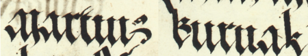 Z księgi radzieckiej Kazimierza obejmującej lata 1509–1533: fragment wpisu
dokumentującego wybór rady urzędującej na rok 1511, z Marcinem Burnakiem w składzie –
zbliżenie zapisu imienia (Archiwum Narodowe w Krakowie, sygn. K 8, s. 271)
