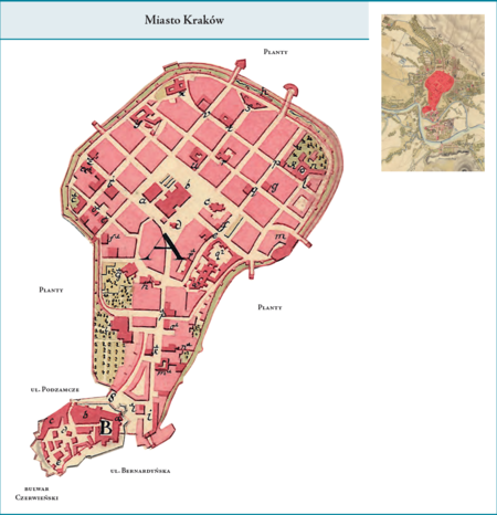 Gmina I Kraków według stanu z roku 1811 na przywołanym wcześniej planie miasta z 1811 r. – analogicznie, jak
w poprzednich okresach od podziału terytorium na cyrkuły w roku 1792, ta centralna dzielnica miasta obejmowała
dawny Kraków w obrębie murów miejskich wraz ze wzgórzem wawelskim i Zamkiem. Należy przyjąć, że instalacje
związane z funkcją obronną murów, a leżące na zewnątrz (jak np. fosy), pozostawały pod pieczą Gminy I, natomiast
przedpola (dzisiejsza zasadnicza część szerokości Plant), wchodziły w skład terytoriów gmin przyległych. Użyte przy
powyższym planie dzielnicy nazwy terenowe podano według nazewnictwa obowiązującego aktualnie.