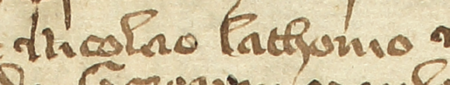 Z księgi radzieckiej Kazimierza obejmującej lata 1385–1386: początkowy fragment wpisu z 1385 roku
dokumentującego zestawienie wpływów podatkowych sporządzone przez rajców, wśród których widnieje Mikołaj kamieniarz
– oraz zbliżenie zapisu imienia (Archiwum Narodowe w Krakowie, sygn. K 2, s. 65)