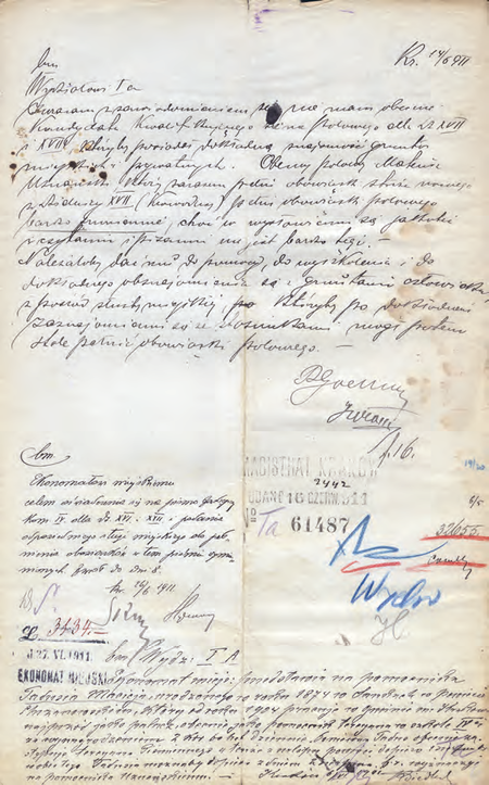 Z akt magistrackich Polowi miejscy – podział rewirów, instrukcja dla polowych, wykazy
polowych w gminach miejskich 1910–1917 dokument pochodzący z roku 1911 – wystąpienie
zastępcy komisarza Rudolfa Goellnera w sprawie problemów kadrowych w służbie polowej
(Archiwum Narodowe w Krakowie, sygn. Kr 6860, nlb)