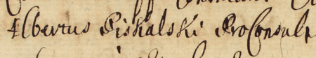 Z księgi radzieckiej Kleparza obejmującej lata 1674–1680: fragment wpisu z 1679 roku otwierającego
kolejną sprawę rozpatrywaną przez urzędujących rajców kleparskich przy udziale przedstawicieli ławy miejskiej,
pod przewodnictwem ówczesnego burmistrza Wojciecha Piskalskiego – oraz zbliżenie zapisu imienia i funkcji
(Archiwum Narodowe w Krakowie, sygn. KL 39, s. 243)
