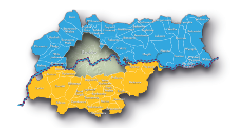 Na planie obrazującym dzisiejsze granice Krakowa miejscowości przyłączone do Krakowa po 1915 roku, oznaczone
kolorami określającymi ich przynależność w latach 1815–1846: quasi-państwową do Rzeczypospolitej Krakowskiej –
kolor niebieski oraz państwową do cesarstwa austriackiego – kolor żółty