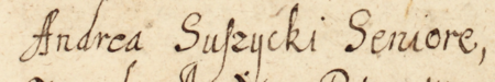 Z księgi radzieckiej Kazimierza obejmującej lata 1670–1675: fragment dokonanego w 1670 roku wpisu
z wykazem ławników kazimierskich, ze starszym ławy Andrzejem Suszyckim, obradujących pod przewodnictwem
wójta Macieja Zawady, przy udziale przedstawicieli Dwunastu Mężów – zbliżenie zapisu imienia i funkcji
(Archiwum Narodowe w Krakowie, sygn. K 44, s. 4)