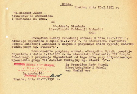 Z akt prezydialnych Miejskiej Rady Narodowej pismo z 1951 r. zawierające
nominację Józefa Błachuta na stanowisko kierownika Urzędu Obwodowego III
(Archiwum Zakładowe Urzędu Miasta Krakowa)