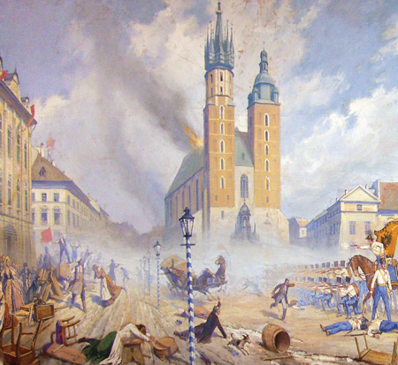 (101) Centralny fragment obrazu Zygmunta Wierciaka Rynek krakowski w dniu 26 kwietnia 1848 r., nawiązującego do tragicznego dnia Wiosny Ludów
w Krakowie, gdy Austriacy stłumili zamieszki uliczne, bombardując miasto; pomimo dramatyzmu przedstawianej sceny zwróćmy uwagę na barwę rzędu
słupów oświetleniowych biegnącego wzdłuż Rynku w kierunku ul. Mikołajskiej. Obraz malowany w 1948 r. na podstawie naukowej dokumentacji, pod
kierownictwem doc. dr. Jerzego Dobrzyckiego (MK, nr inw. MHK 660/III)