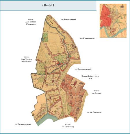 Obwód I według stanu z roku 1855 na przywołanym wcześniej planie miasta z 1879 r. – dzielnica ukształtowana na terenach
poprzednich cyrkułów–obwodów I, II i IV, jednak z istotnymi korektami. Objęła obszar najstarszej części miasta w obrębie
murów od linii ul. Szczepańskiej, linii A–B Rynku Głównego i linii ul. Siennej na południe, do Wawelu, jednak bez wzgórza
i Zamku. Ponadto objęła cały zachodni teren miasta do Wisły, od ul. Krowoderskiej na północy po ul. Podzamcze na południu,
czyli Przedmieścia Piasek i Nowy Świat. Co do zasady ten kształt dzielnicy–Obwodu I przetrwa ponad 80 lat, do roku 1938.
Użyte przy powyższym planie dzielnicy nazwy terenowe podano według nazewnictwa obowiązującego aktualnie.