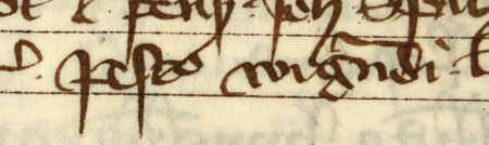 Z „Najstarszej księgi” strona 178 z wpisem z wykazem rajców powołanych do rady miejskiej w 1350 roku,
z Piotrem Wigandim w składzie – oraz powiększenie zapisu imienia (Archiwum Państwowe w Krakowie, sygn. rkps 1, s. 178)