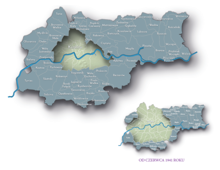 Na planie obrazującym dzisiejsze granice Krakowa miejscowości przyłączone do Krakowa
po 1915 roku, oznaczone kolorem szarym określającym ich przynależność quasi-państwową
w latach 1939–1945 do okupacyjnego, niemieckiego Generalnego Gubernatorstwa