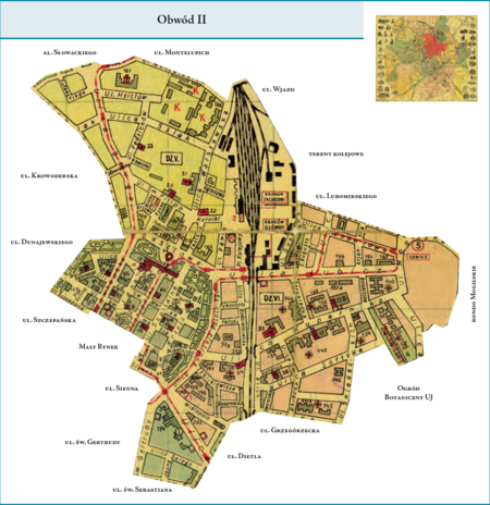 Obwód II według stanu z listopada 1928 r. na przywołanym wcześniej planie miasta z 1934 r. – w granice dzielnicy administracyjnej,
którą stanowił Obwód II, wchodziły tereny północnej części dzielnicy katastralnej I–Śródmieście, w całości tereny dzielnic katastralnych
V–Kleparz i VI–Wesoła oraz część dzielnicy katastralnej VII–Stradom. Od zachodu Obwód II zamykała linia wytyczona
fragmentem ul. św. Gertrudy, ul. Sienną, pierzeją A–B Rynku Głównego oraz ulicami Szczepańską, Dunajewskiego i Karmelicką.
Od północy sięgał zbiegu al. Słowackiego i ul. Montelupich. Od wschodu granica – biegnąc obok terenów kolejowych
i ul. Lubomirskiego – okalała rondo Mogilskie. Od południa Obwód II sięgał ul. Grzegórzeckiej, a na Stradomiu ul. św. Sebastiana.
Użyte przy powyższym planie dzielnicy nazwy terenowe podano według nazewnictwa obowiązującego aktualnie.