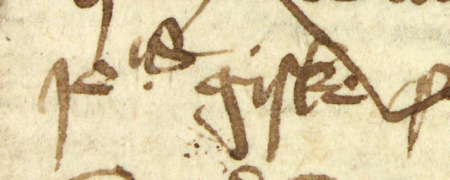 Z księgi ławniczej obejmującej lata 1365–1376 strony 182–183 z wpisem z 1374 roku,
dotyczącym spraw po zmarłym Janie Gisce – oraz powiększenie zapisu imienia
(Archiwum Państwowe w Krakowie, sygn. rkps 2, s. 182–183)