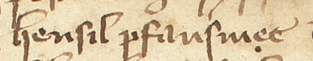 Z najstarszej zachowanej księgi radzieckiej Kazimierza obejmującej lata 1369–1381:
fragment wpisu dokumentującego wybór rajców na rok 1375, z Hensilem Pfansmethem w składzie –
oraz zbliżenie zapisu imienia (Archiwum Narodowe w Krakowie, sygn. K 1, s. 119)