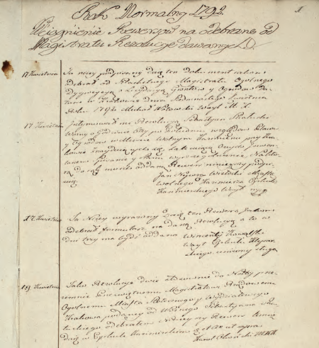 Z dokumentu Wciągnienie rewersów na odebrane od Magistratu rezolucye dawanych wpis z 1794 r., w którym
wójt cyrkułowy Wincenty Kowalski potwierdził odbiór formularza raportu – do zwrotu w terminie 3 dni
(Archiwum Narodowe w Krakowie, sygn. rkps 1297, s. 1)