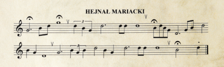 (216) Zapis nutowy hejnału mariackiego – taki przechowują hejnaliści na wieży mariackiej;
jest on w pełni zgodny z zawartym w świadectwie ochronnym Urzędu Patentowego Rzeczypospolitej
Polskiej wydanym dla zapisu hejnału jako znaku towarowego (z zasobu Komendy
Miejskiej Państwowej Straży Pożarnej)