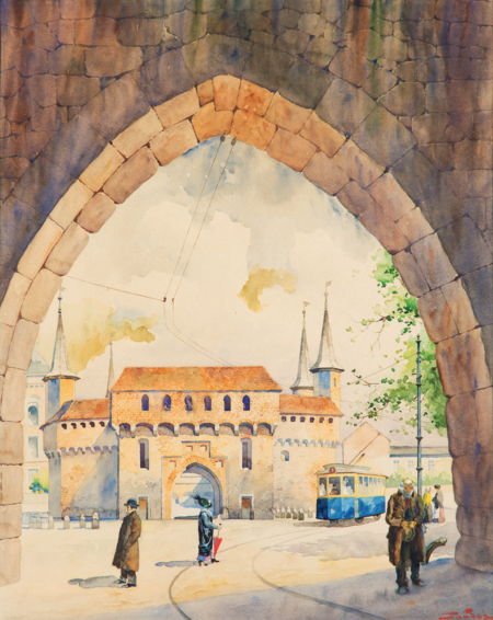 (103) Akwarela Stanisława Tondosa Barbakan w Krakowie, pochodząca z początku XX w. Wśród zabytków uwieczniono linię tramwajową,
od 1901 r. zelektryfikowaną, prowadzącą z Dworca Kolejowego ulicami Lubicz, Basztową, Floriańską, przez Rynek Główny, dalej ulicami Grodzką,
Stradom, Krakowską, przez plac Wolnica i ul. Mostową do mostu Podgórskiego. Miejski kolor biało-niebieskich wagonów stał się wyróżnikiem
krakowskiej komunikacji publicznej (ze zbiorów prywatnych)