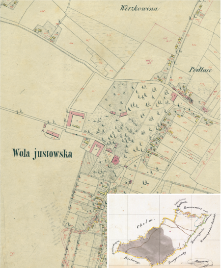 Centrum Woli Justowskiej na mapie katastralnej sporządzonej dla gminy katastralnej Wola Justowska w 1850 roku oraz pochodzący
z lat 1847–1848 plan sytuacyjny z wyrysowanymi granicami gminy Wola Justowska i lokalizacją gmin sąsiadujących
(Archiwum Narodowe w Krakowie, sygn. K. Krak. 686 III; sygn. WM 563a, nlb.)
