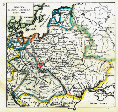 Mapa nr 8
Terytorium ziemi krakowskiej na mapie przedstawiającej państwo polsko-litewskie u schyłku XV wieku
(państwo dualne od unii w Krewie w 1384 roku)