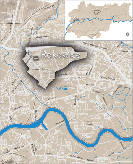 Orientacyjna lokalizacja dawnej wsi Rakowice w obecnych granicach Krakowa – na planie miasta oznaczono jej położenie
w kształcie wyznaczonym granicami jednostki katastralnej, jaką stanowiła, ze wskazaniem najstarszego, historycznego centrum
Rakowic w rejonie dzisiejszej ulicy Pilotów