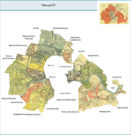 Obwód IV według stanu z lutego 1912 r. na przywołanym wcześniej planie miasta – na powierzchnię tej dzielnicy składała się
całość terenów przyłączonych do Krakowa w latach 1910–1912, to jest nowych – w granicach Krakowa – dzielnic katastralnych:
IX–Ludwinów, X–Zakrzówek z Kapelanką, XI–Dębniki z Rybakami, XII–Półwsie Zwierzynieckie, XIII–Zwierzyniec,
XIV–Czarna Wieś z Kawiorami, XV–Nowa Wieś Narodowa, XVI–Łobzów, XVII–Krowodrza, XVIII–Warszawskie,
XIX–Grzegórzki–Piaski, XX–Dąbie z Beszczem i Głębinowem oraz XXI–Płaszów. Tym samym do „domknięcia” granic
planowanego Wielkiego Krakowa brakowało jeszcze przyłączenia Podgórza, na co trzeba było poczekać do roku 1915.
Użyte przy powyższym planie dzielnicy nazwy terenowe podano według nazewnictwa obowiązującego aktualnie.