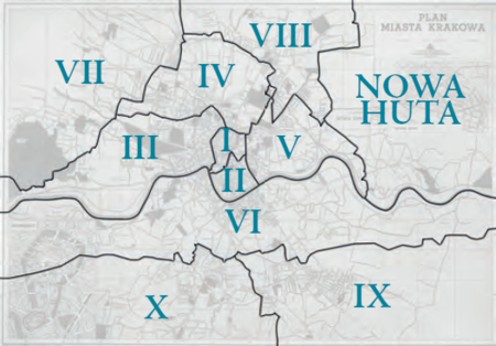 Plan konturowy podziału na obwody i dzielnicę w latach 1951–1954
na podkładzie planu miasta
przedstawionego w pełnym kształcie na s. 664