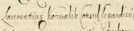 Z księgi radzieckiej Kleparza obejmującej lata 1618–1785: fragment dokonanego w 1618 roku wpisu
dokumentującego, że pozwany przez rajcę Tomasza Kwaśnego (nr 127) w nieznanej sprawie Wawrzyniec (Laurentius)
Kowalik, rajca kleparski, nie stawił się przed sądem radzieckim na wyznaczony termin zawity – zbliżenie zapisu imienia
i urzędu (Archiwum Narodowe w Krakowie, sygn. KL 115, s. 150)