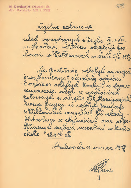 Z akt Wybuch prochowni w Witkowicach, sprawozdania, protokoły, rachunki, wykazy
wypłat poszkodowanym 1927–1929 sporządzone w 1928 r. przez komisarza Mariana
Parę ogólne zestawienie szkód wynikłych z wybuchu
(Archiwum Narodowe w Krakowie, sygn. Kr 4733, s. 124)
