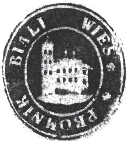 (1827)
Odciski pieczęci urzędowych Prądnika
Białego z lat 1827, 1858, 1927 i 1938
(Archiwum Narodowe w Krakowie,
sygn. WM 575a, s. 267; sygn. 29/456/47, nlb.;
sygn. PUZKr 56, nlb.; sygn. 29/1023/37, nlb.)