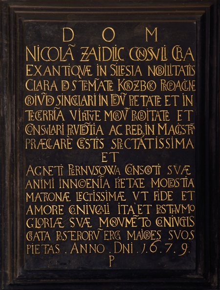 Z pomnika nagrobnego Pernusów w kościele Mariackim
epitafium Mikołaja Zaydlica i jego żony Agnieszki z Pernusów