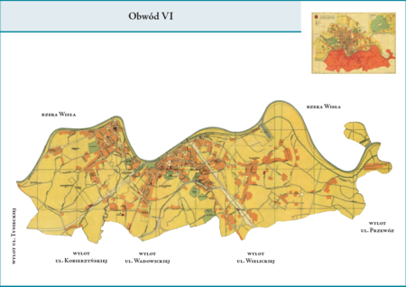 Obwód VI według stanu z roku 1938 na przywołanym wcześniej planie miasta z ok. 1939 r. – dzielnica podgórska, położona na
prawym brzegu Wisły, obejmująca oprócz Podgórza także Zakrzówek, Dębniki, Ludwinów i Płaszów. Tereny te stanowiły dzielnice
katastralne, których zewnętrzne granice co do zasady wytyczały granice tej dzielnicy administracyjnej. W przyszłości obszar ten,
powiększony o tereny przyłączone do Krakowa w 1941 r., a leżące po tej stronie Wisły, stanie się trzonem powstałej w 1954 r. dużej
dzielnicy administracyjnej Podgórze.
