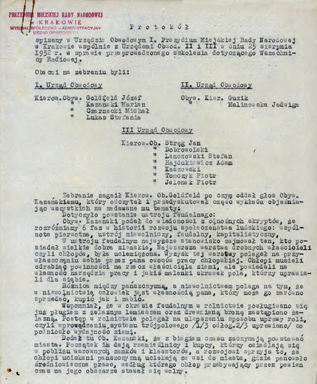 Z akt prezydialnych protokół z 1952 r. dokumentujący udział kierownika Stefana Guzika na szkoleniu
ideologiczno-propagandowym organizowanym cyklicznie dla personelu m.in. urzędów obwodowych
(Archiwum Narodowe w Krakowie, sygn. 29-701-1425, nlb)