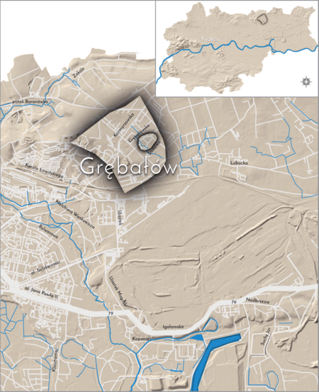 Orientacyjna lokalizacja dawnej wsi Grębałów w obecnych granicach Krakowa – na planie miasta oznaczono
jej położenie w kształcie wyznaczonym granicami jednostki katastralnej, jaką stanowiła, ze wskazaniem najstarszego,
historycznego centrum Grębałowa w rejonie dzisiejszych ulic Grębałowskiej i Stokowej