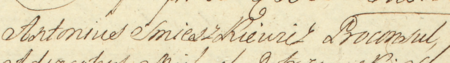 Z księgi radzieckiej Kleparza obejmującej lata 1741–1754: fragment wpisu z 1746 roku
otwierającego kolejną sesję rajców działających pod przewodnictwem ówczesnego burmistrza Antoniego Śmieszkowica –
zbliżenie zapisu imienia i funkcji (Archiwum Narodowe w Krakowie, sygn. KL 35, s. 286)