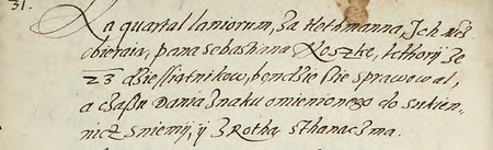 Z księgi radzieckiej zawierającej uchwały z lat 1538–1643 dotyczące organizacji życia publicznego miasta fragment
wpisu z 1574 r. dokumentującego powołanie Sebastiana Noszki na funkcję hetmana Kwartału Rzeźniczego
(Archiwum Narodowe w Krakowie, sygn. rkps 1213, s. 36)