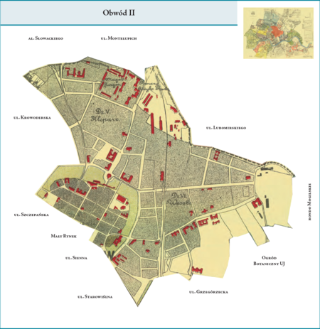 Obwód II według stanu z lutego 1912 r. na przywołanym wcześniej planie miasta z 1912 r. – tę dzielnicę administracyjną
tworzyły tereny północnej część dzielnicy katastralnej I–Śródmieście oraz dzielnic katastralnych V–Kleparz i VI–Wesoła,
jak też fragment dzielnicy katastralnej VII–Smoleńsk. Obwód ten zajmował w przybliżeniu północno-wschodnią i wschodnią
część Krakowa sprzed przyłączeń dokonanych w ramach tworzenia Wielkiego Krakowa, tj. sprzed 1910 r. Użyte przy
powyższym planie dzielnicy nazwy terenowe podano według nazewnictwa obowiązującego aktualnie.