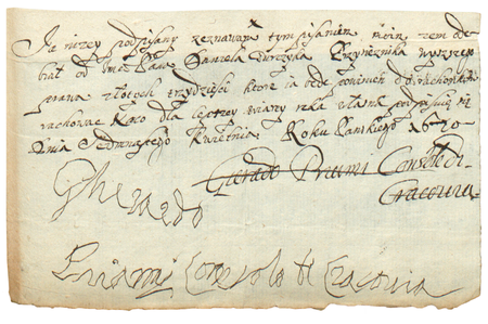 Dokument wystawiony w 1620 roku przez Gerarda Priami, w którym kwituje on odbiór od Daniela Gurczyka
kwoty 30 złotych polskich, potwierdzając to podpisem złożonym własną ręką, z zaznaczeniem godności racjowskiej (Biblioteka Jagiellońska, sygn. rkps 884, s. 105)