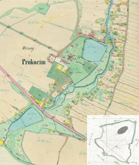 Centrum Prokocimia na mapie katastralnej sporządzonej dla gminy katastralnej Prokocim w 1849 roku oraz pochodzący
z 1847 roku plan sytuacyjny z wyrysowanymi granicami gminy Prokocim oraz lokalizacją gmin sąsiadujących
(Archiwum Narodowe w Krakowie, sygn. K. Krak. 470 IV; sygn. K. Krak. op. 117, s. 3)
