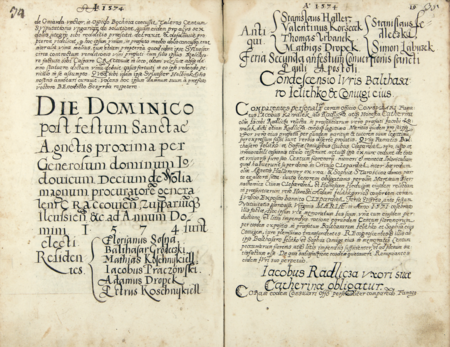 Z księgi radzieckiej Kleparza obejmującej lata 1573–1578: strony z wpisem powołania przez wielkorządcę Ludwika ( Jodocusa) Decjusza
(syna rajcy krakowskiego Justa Ludwika Decjusza i brata wielkorządcy Justa Ludwika młodszego) kleparskiej rady miejskiej urzędującej –
consules residentes na rok 1574 wraz z wyszczególnieniem składu rady starej – consules antiqui
(Archiwum Narodowe w Krakowie, sygn. KL 29, s. 34–35)