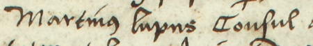 Z księgi miejskiej ławniczej Kleparza obejmującej lata 1499–1528: fragment wpisu z 1514 roku dokumentującego
sprawę przed ławą miejską z udziałem Marcina Lupusa, rajcy kleparskiego – zbliżenie zapisu imienia i urzędu
(Archiwum Narodowe w Krakowie, sygn. KL 1, s. 231)