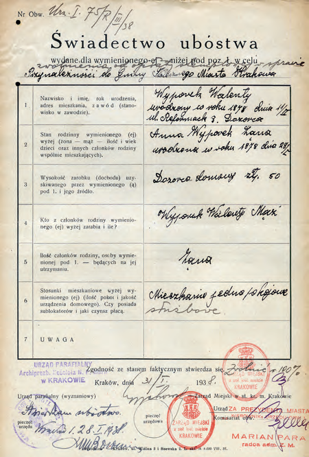 Z akt magistrackich dotyczących przynależności świadectwo ubóstwa z 1938 r.
z potwierdzeniem sygnowanym przez kierownika Mariana Parę
(Archiwum Narodowe w Krakowie, sygn. Kr 5246, nlb)