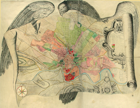 Krakowski zespół osadniczy na planie Krakowa sporządzonym w 1783 roku przez Józefa Kromera na zlecenie królewskiej komisji dobrego porządku,
w kopii Józefa Czecha wykonanej w 1792 roku. Plan ten w zamyśle miał stanowić podkład do realizacji zadań związanych z podźwignięciem
Krakowa z upadku i wprowadzenia w nim ładu – w centrum widoczne krakowskie „trójmiasto”, za murami miejskimi zakreślone jurydyki, dalej na
obrzeżach podmiejskie wsie. Tereny po prawej stronie Wisły były już wówczas pod zaborem austriackim, powstawało tam miasto Podgórze
(Archiwum Narodowe w Krakowie, sygn. Zb. Kart II-18)