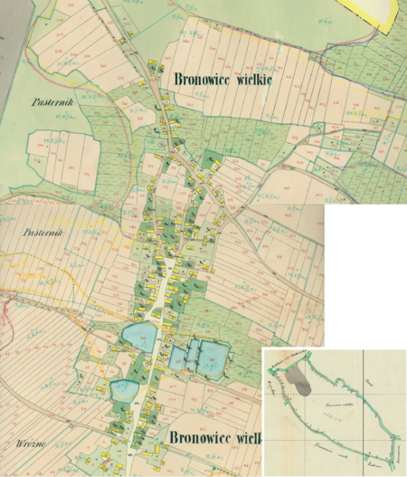 Centrum Bronowic Wielkich na mapie katastralnej sporządzonej dla gminy katastralnej Bronowice Wielkie w 1850 roku oraz pochodzący
z lat 1847–1848 plan sytuacyjny z wyrysowanymi granicami gminy Bronowice Wielkie i lokalizacją gmin sąsiadujących
(Archiwum Narodowe w Krakowie, sygn. K. Krak. 74 II, IV; sygn. WM 562, s. 439)