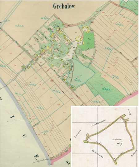 Centrum Grębałowa na mapie katastralnej sporządzonej dla gminy katastralnej Grębałów w 1850 roku oraz pochodzący
z lat 1847–1848 plan sytuacyjny z wyrysowanymi granicami gminy Grębałów i lokalizacją gmin sąsiadujących
(Archiwum Narodowe w Krakowie, sygn. K. Krak. 190 II; sygn. WM 562, s. 1219)