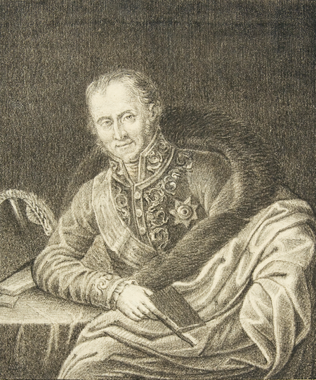 Portret Kaspra Wielogłowskiego, litografia Feliksa Rybińskiego według obrazu Józefa Brodowskiego, około 1835 roku (Biblioteka Jagiellońska, sygn. I 2321)