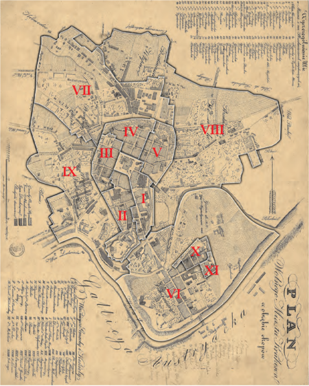 Podział Krakowa na 11 gmin miejskich według stanu z roku 1816 –
na Planie Wolnego Miasta Krakowa w obrębie okopów wyrysowanym przez Tadeusza Mostowskiego
w 1831 r. Podstawa rysunku granic gmin: vide s. 112
(Archiwum Narodowe w Krakowie, sygn. Zb. Kart. II 29)