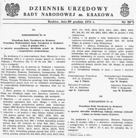 Pełny tekst zarządzenia Nr 13 Prezydium Rady Narodowej m. Krakowa i Prezydium Wojewódzkiej Rady Narodowej w Krakowie
z 18 grudnia 1972 roku w sprawie szczegółowego określenia granic m. Krakowa i województwa krakowskiego, opublikowanego
w Dzienniku Urzędowym Rady Narodowej m. Krakowa z 1972 roku, Nr 29*, poz. 121
(z zasobów Urzędu Miasta Krakowa)